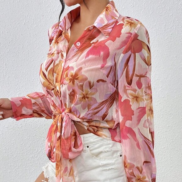 Baby Pink Boho Women's Floral Lantern Long Sleeve Shirt - Picture 4 of 6